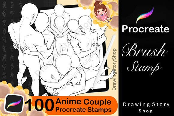 100 Procreate Anime Couple Pose Stamps for Creative Digital Art