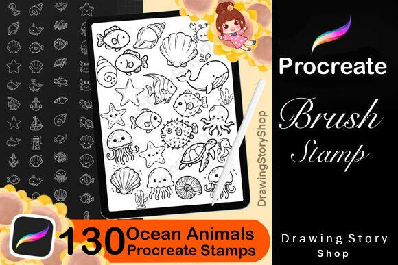 130 Kawaii Ocean Animals Procreate Stamp