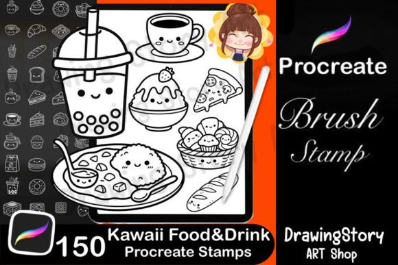 150 Kawaii Food Drink Procreate Stamps: A Must-Have Tool for Digital Artists and Planners