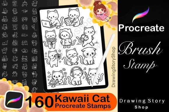 160 Procreate Kawaii Cat Stamps for Creative Expression